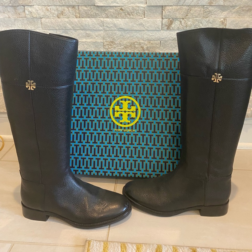 Tory Burch Jolie Pebble Black Leather Riding Boots Size 8.5M Excellent Condition